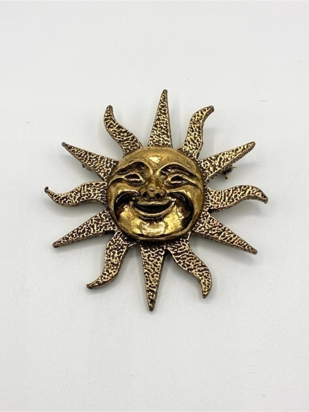 Vintage Robert Zentall Smiling Sun Celestial Brooch Gold Tone 70s